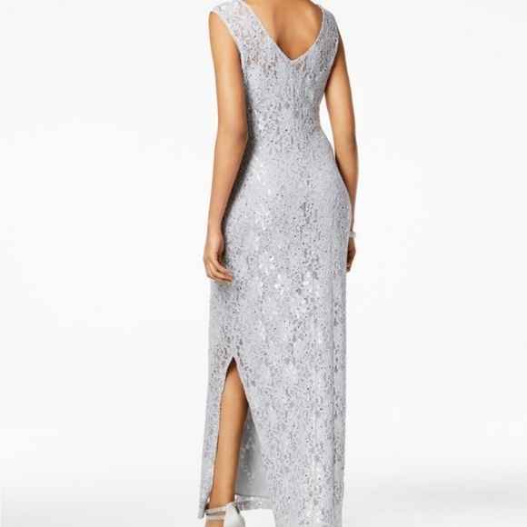 NWT Connected Apparel gown dress Sequined Lace Slit Gown Silver grey 10 12 14 - Picture 2 of 7